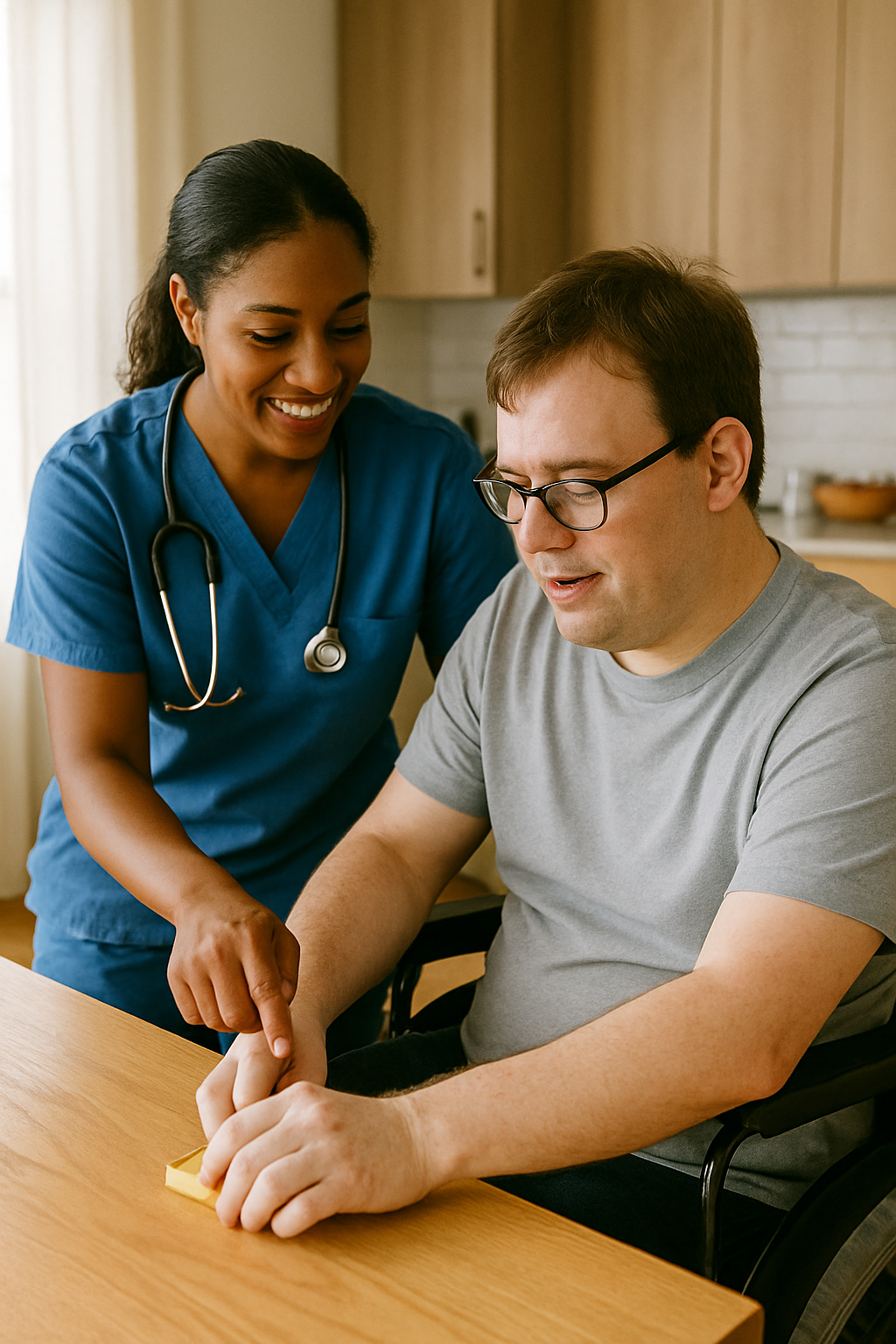 Nurse working with an adult in a wheelchair at a table